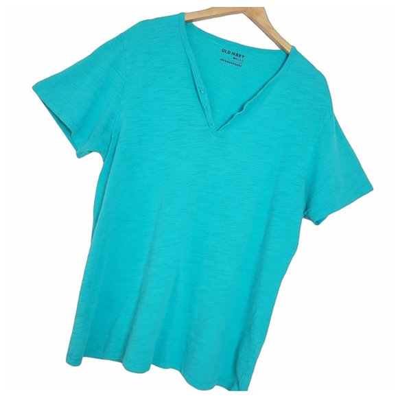 Old Navy T Shirt Teal Blue Notched V Neck 3 Button Henley Short Sleeve T Shirt - Picture 3 of 12